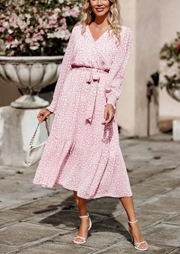 PRETTYGARDEN Women's Floral Boho Dress Fall Long Sleeve Wrap V Neck Ruffle Flowy Maxi Spring Wedding Guest Vacation Dresses (Pink,Small) - Image 3
