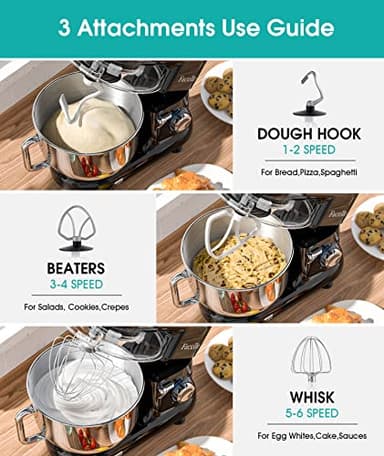 Facelle Stand Mixer, 660W 6 Speed Electric Kitchen Mixer with Pulse Button, Attachments include 6.5QT Bowl, Dishwasher Safe Beater,Dough Hook,Whisk & Splash Guard for Dough,Baking,Cakes,Cookie(Black) - Image 3