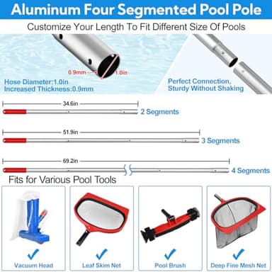 Swimming Pool Cleaning Kit Including 5.7 Feet Aluminum Pool Pole 4-Segment & Rotatable Pool Brush with Round End & Pool Leaf Rake Fine Mesh Net,Replaceable Pool Cleaning Leaf Skim Net-Fast Cleaning - Image 3