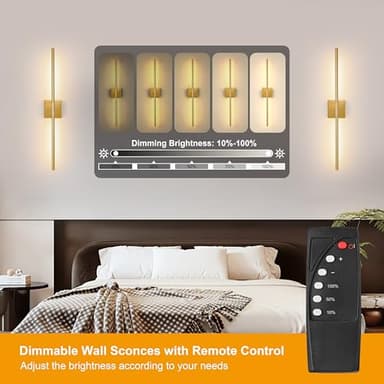 Morauroral Gold Battery Operated Wall Sconces, Dimmable Wall Sconces with Remote Control, Rechargeable Sconces Wall Lighting, 24″ LED Wireless Wall Lights for Bedroom, Living Room, Bathroom, Hallways - Image 2