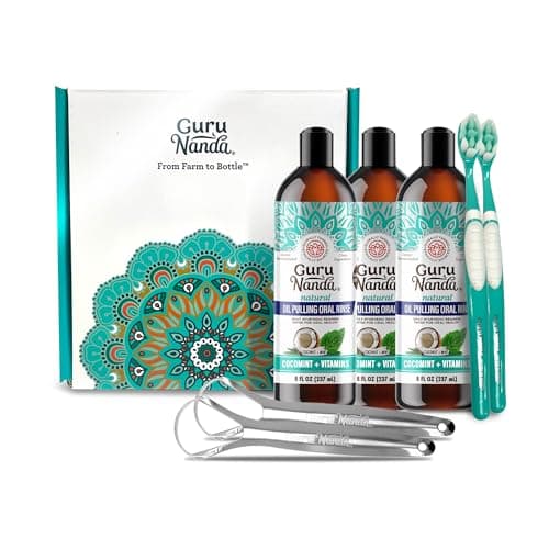 GuruNanda CocoMint Oil Pulling Mouthwash for Complete Oral Hygiene, 7 Essential Oils & Vitamins for Happy Teeth & Gums & Fresh Breath, Alcohol-Free, 3X8 oz - Image 1