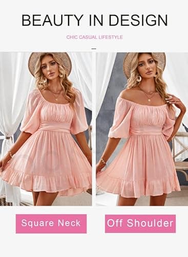 Dokotoo Square Neck Summer Dresses for Women Casual Lantern Sleeve Beach Vacation Clothes for Women Ruffle A-Line Flowy Dress Tie Backless Pink Sexy Dresses Shirred Elastic Waist Sun Dress Small - Image 2