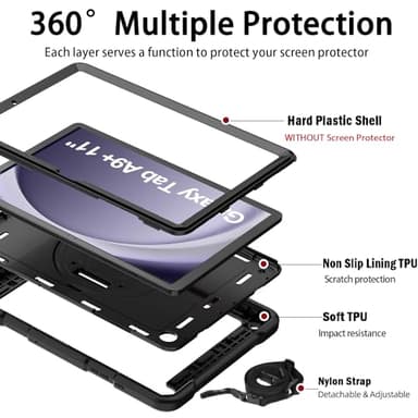 BMOUO for Samsung Galaxy Tab A9+ Plus Case 11" 2023 (SM-X210/X216/X218), Shockproof Galaxy Tab A9 Plus Case with Rotating Stand and Hand/Shoulder Strap, Black - Image 3