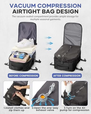 Vacuum Travel Backpack with Pump Women Personal Item Carry on Vacpack Backpacks Flight Approved 18x14x8 inches Men Laptop Waterproof Work Compression bags Casual Daypack Black Vacuum seal backpack - Image 2