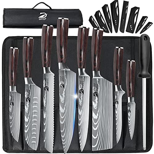 Dfito Chef Knife Sets with Roll Bag, 9 Pieces Professional Knife Set, High Carbon Stainless Steel Kitchen Chef Knife Set, Red Pakkawood Handle, Dishwasher Safe - Image 1