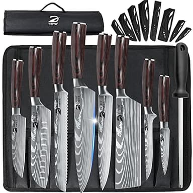 Dfito Chef Knife Sets with Roll Bag, 9 Pieces Professional Knife Set, High Carbon Stainless Steel Kitchen Chef Knife Set, Red Pakkawood Handle, Dishwasher Safe - Image 1