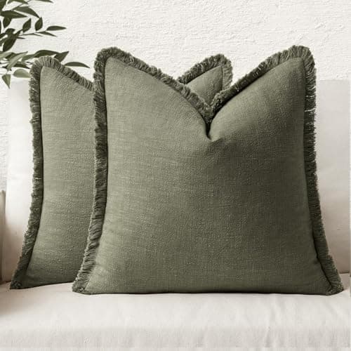 MIULEE Decorative Throw Pillow Covers Neutral Linen Fringe Throw Pillows Set of 2 Olive Green Boho Farmhouse Cushion Covers with Tassels for Couch Sofa Bed Living Room Spring Home Decor 18x18 Inch - Image 1