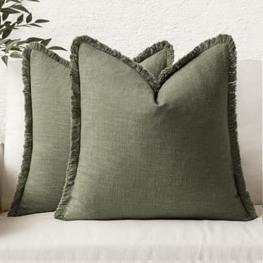 MIULEE Decorative Throw Pillow Covers Neutral Linen Fringe Throw Pillows Set of 2 Olive Green Boho Farmhouse Cushion Covers with Tassels for Couch Sofa Bed Living Room Spring Home Decor 18x18 Inch - Image 1