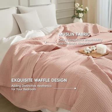 PHF Reversible Waffle & Muslin Blanket 100% Cotton 400GSM Queen Size 90" x 90", Breathable Lightweight and Soft, Luxury Aesthetic Waffle Gauze Blanket for Home Decor, Ideal Gift, Rose Smoke - Image 2