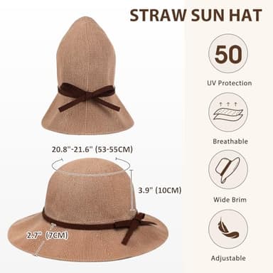 Sun Beach Hats Summer for Women, UPF 50+ UV Sun Protection Woven Crochet Hat Foldable Packable Roll up Knitted Cap, Khaki - Image 3