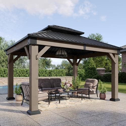Aoxun 10' x 12' Outdoor Wood Gazebo, Hardtop Gazebo Permanent Wooden Pavilion with Galvanized Steel Double Roof, for Patio, Garden, Deck, Cedar Wood - Image 1