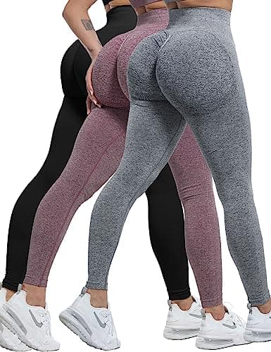 CHRLEISURE 3 Piece Workout Leggings Sets for Women, Gym Scrunch Butt Butt Lifting Seamless Leggings (Black, DGray, Burgundy, S) - Image 1