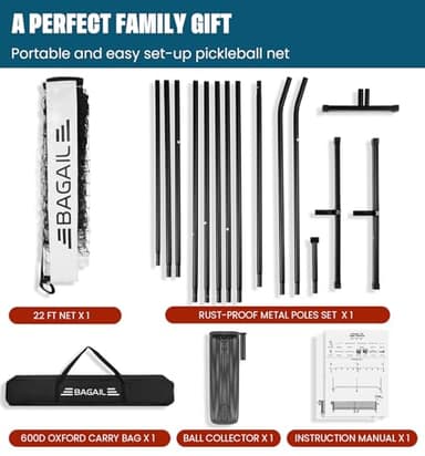 BAGAIL Portable Pickleball Net Set, 22 FT Regulation Size Pickle Ball Net with Ball Collector, Carry Bag, Easy Setup for Outdoor Indoor Driveway - White - Image 8