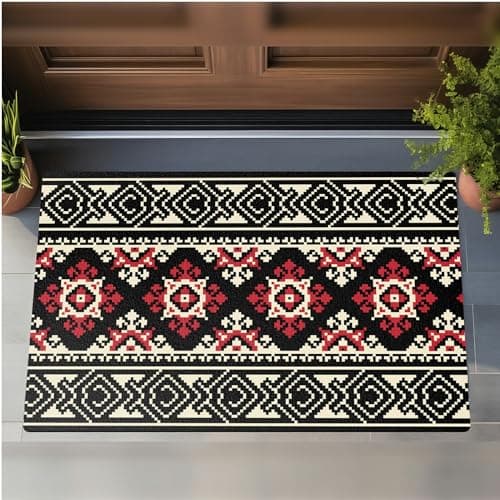 Front Door Mat Indoor Outdoor Rugs Washable Mat Heavy Duty Non Slip Rubber, Indian Geometry Soft Absorbs Water Dirt Trapping Mats for Home Garden Entryway Outside 24" x 16" - Image 1