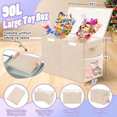 Large Toy Storage Box with Lid Divider, Sturdy Collapsible Toys Organizer Chest Kids Storage Bins Boxes Baskets for Boys, Girls, Nursery, Bedroom, Living Room, Playroom, 25"x13"x16", Beige - Image 2