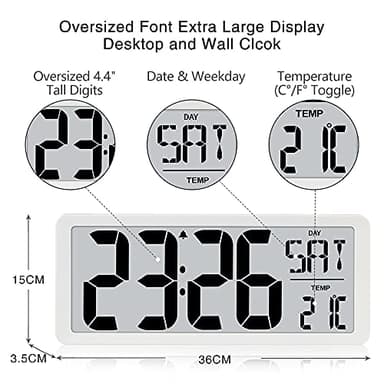 TXL 14.2" Large Digital Day Wall Clock, Custom 8 Languages Calendar, Count up-Down Timer and Temp Reminder, 12/24Hr Desktop Alarm Clock with Extra Large Display for Home Office Studio Hotel, White - Image 3