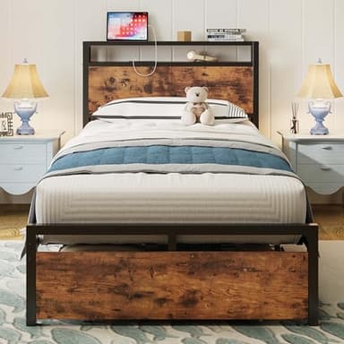 LIKIMIO Twin XL Bed Frames with Drawer, Storage Headboard with Outlets, No Box Spring Needed, Easy Assembly, Vintage Brown - Image 6