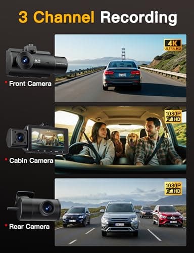 QCONTROL® 4K 5G WiFi 3 Channel Dash Cam Front and Rear Inside, 4K+1080P+1080P Dash Camera for Cars, GPS Dashcam, Car Camera with 3-Inch Screen, IR Night Vision, 24Hr Parking Mode, G-Sensor, 64GB Card - Image 2
