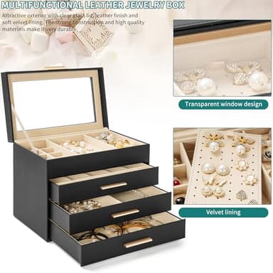 AKOZLIN 4-Tier Jewelry Box with Clear Glass Lid Functional Leather Jewelry Storage Organizer Case 3 Drawers for Women Girls Necklace Ring Bracelet Earring Black - Image 6