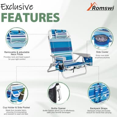 2Pk Aluminum 5-Position Lay Flat Folding Backpack Beach Chairs for Adults, with Cooler Bag, Cup&Phone Holder, Towel Bar for Outdoor Lawn Picnic Sport, Portable Foldable Camping Chairs, Blue Stripes - Image 7