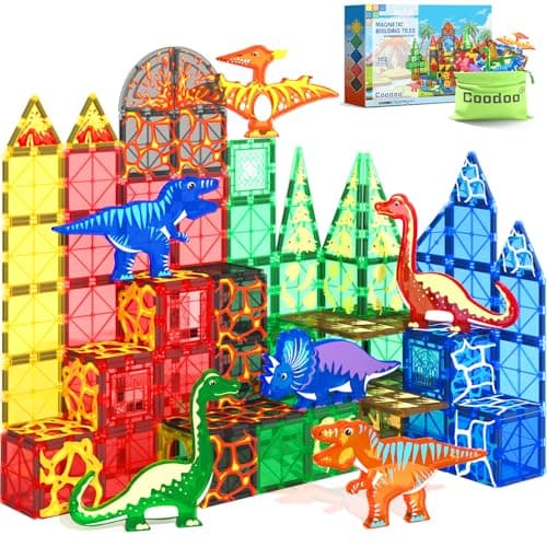 102PCS Dinosaur Toys Magnetic Tiles with 8 Dinosaurs - Jurassic Scenes Dinosaur World Adventure Set, Magnetic Blocks Kids Toys for Boys & Girls Ages 3+, Sensory Toddler Creative Kids Games Gifts - Image 1
