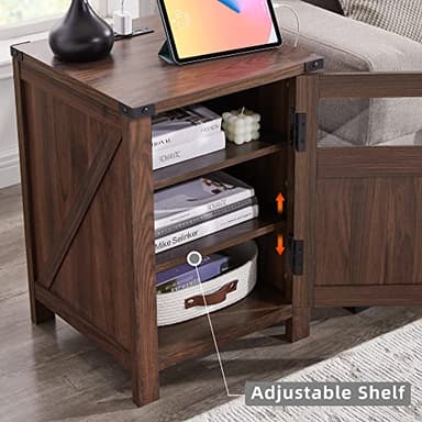 JXQTLINGMU Farmhouse End Table with Charging Station, 18'' Rustic Nightstand with Barn Door & Adjustable Shelf, Wooden Sofa Side Table with 3-Tier Storage for Living Room, Bedroom, Brown - Image 4