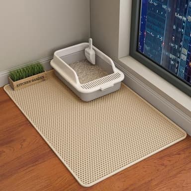 HCY&WLD Cat Litter Mat, 45x26/35x24/30x22/24x18 Inch Double Layer Cat Litter Box Mat, EVA Non-Slip, Waterproof Urine Proof Cat Litter Catcher Mat, Easy Clean Scatter Control (35x24 Inch, Khaki) - Image 1
