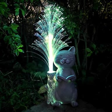 RCTTICUU Cat Solar Garden Statues,Resin Cat Figurine Reading a Book and 7-Color Changing Optical Fiber with Solar Lights, Lawn Decor Outdoor Statue for Patio,Balcony,Yard,Lawn Ornament - Image 2