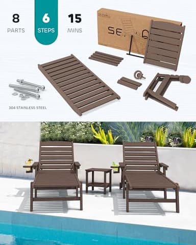 SERWALL Patio Chaise Lounge Chair Set of 2, 78'' Long 5-Positions Adjustable HDPE Outdoor Lounger for Pool, Poly Lounge Chair with Rolling Wheels & Cup Holder for Poolside, Deck, Coffee Brown - Image 6