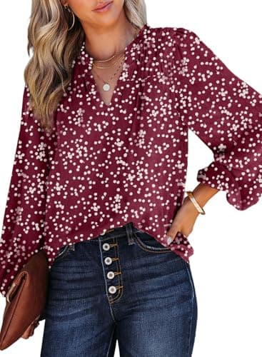Dokotoo Womens Juniors Summer Tops 2025 Fashion Trendy Casual Dressy Fall Outfits Smocked Long Sleeve T Shirts Alicia Flower Print V Neck Business Work Tunic Bohemian Floral Top Medium Biking Red - Image 1