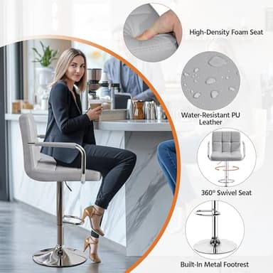 Yaheetech Bar Stools Set of 2, PU Leather Adjustable Swivel Barstools, Hydraulic Kitchen Counter Height Bar Chairs with Armrest and Back for Kitchen, Dining Room, Light Grey - Image 5