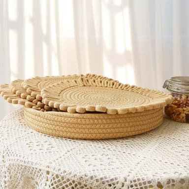 AHHFSMEI Round Woven Placemats Set of 4,13 inches Natural Cotton Blend Farmhouse Hand-Woven Place Mats Braided Rattan Table Mats for Dining Table(Light Brown Flower 4) - Image 1