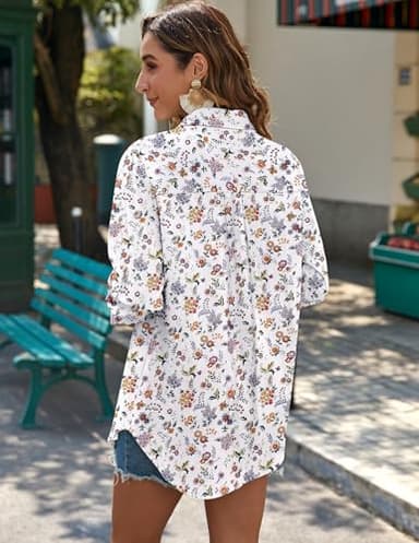 Zeagoo Cotton Button Down Shirts for Women Summer Linen Blouses Long Sleeve Patterned Tops White Floral - Image 4