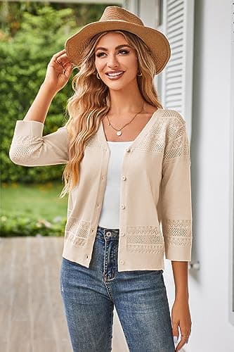 GRACE KARIN Women's Cardigans Open Front Lightweight Cardigans Shrug Button Down Knit Sweater Bolero Jackets Beige XL - Image 5