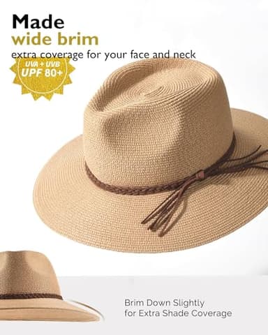 FURTALK Sun Hats for Women Summer Wide Brim UV UPF 80+ Panama Fedora Foldable Packable Straw Beach Hat Khaki - Image 2