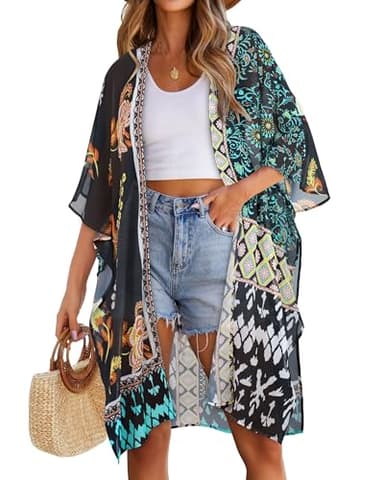 CHICGAL Swimsuit Coverup for Women Kaftan Pattern Beach Blouse Plus Size Summer Boho Kimonos(01-Orange Blue Multielement Puzzle,L) - Image 1