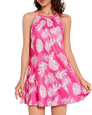 ANYFITTING Women's Short Summer Dress Built in Bra Hawaiian Flowy Tropical Cruise Outfits Pink Floral Vacation Beach Dresses for Luau Party - Image 3