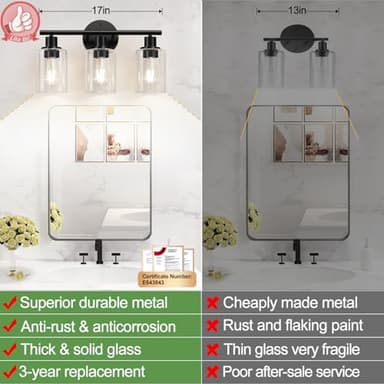 Zarbitta 3-Light Bathroom Light Fixtures, 17.23" Black Modern Vanity Lights with Clear Glass Shade, Bathroom Wall Lamp for Mirror Kitchen Living Room Hallway Cabinet Porch - Image 2