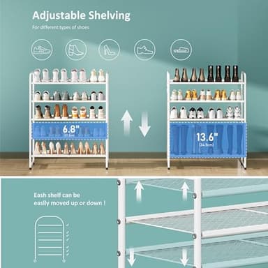 SUFAUY 33" Wide Shoe Rack, 5-Tier Shoe Storage Rack for 24-30 Pairs of Shoes, Mesh Shoe Organizer for Entryway Closet, Steel Frame, Industrial, White - Image 7