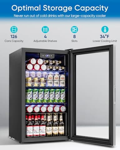 Beverage Refrigerator Cooler - 126 Can Mini Fridge Glass Door for Drinks Soda Beer Wine - Small Refrigerator for Office Bedroom Home Bar, 4 Adjustable Shelves, 3.2 Cu.Ft, Silver - Image 2