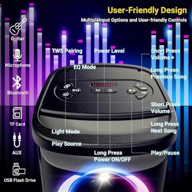 TPBEAT Portable Bluetooth Party Speaker: 160W Peak Powerful Loud Sound Deep Bass Wireless Boombox Large Subwoofer 15 Hours Battery Life Fast Charging with Led Light Show for Outdoor Camping Backyard - Image 6
