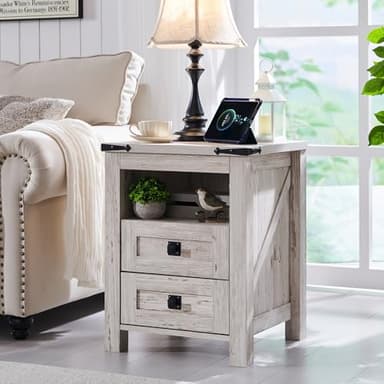 T4TREAM Farmhouse Nightstand Set of 2 with Charging Station, Rustic End Table with 2 Drawers, Storage Open Shelf for Bedroom, Living Room, Wood Side Table, Antique Brush White - Image 2