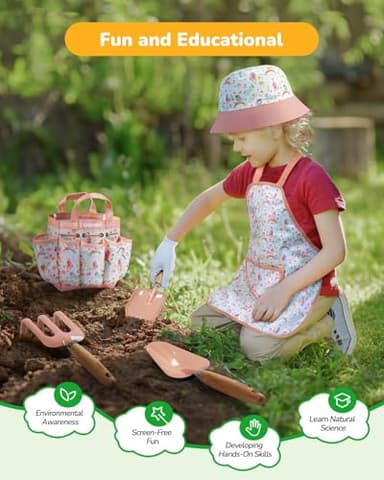 Kids Gardening Set Toys, Quality Garden Tool Kit for Kids and Toddlers, Includes Two Shovels, Garden hat,Rake, Apron,Gloves, Watering Can, and Tool Bag (Pink) - Image 4