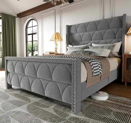 OHOHOLIVE Queen Size Bed Frame with 56" Headboard - 1000LBS Capacity Support, Velvet Upholstered Wingback Platform Bed Frame, Noise Free, Sturdy Wooden Slat Support - Image 1