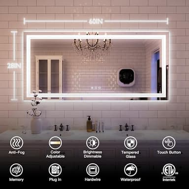 ISKM 60'' x 28'' LED Mirror for Bathroom Lighted Vanity Mirror for Wall Front Lights + Backlit LED Bathroom Mirror Anti-Fog Tempered Glass ETL Listed - Image 7