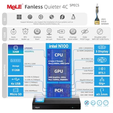 MeLE Mini PC Quieter 4C - 12th Gen N100, Fanless PC, 32GB Memory, 512GB Storage,with Windows 11 Pro, 2.4/5G Wi-Fi, Full-Functional USB-C, 4K Triple Display Desktop - Image 2