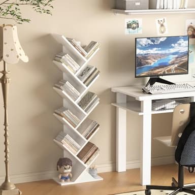 SHEEPAM 10 Tier Tree Book Shelf, Floor Standing Wood Bookshelf for Narrow Space, Storage Organizer Bookshelves for Books/CDs/Magazine, Bookcase with Shelves for Home Office, Living Room - White - Image 5