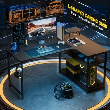 GTRACING L Shaped Gaming Desk, Carbon Fiber Style Computer Desk Compatible with Monitor Arm Storage Shelves Corner Desk Gaming Table for Home Office Desks Easy to Assemble Adjustable Shelf Height - Image 2