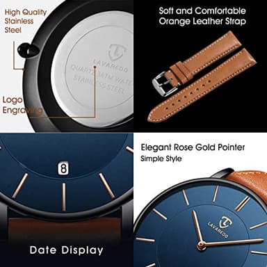 BEN NEVIS Watch, Mens Watch, Minimalist Fashion Simple Wrist Watch Analog Date with Leather Strap Orange Blue - Image 4