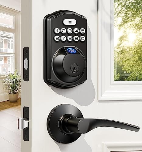 Veise Fingerprint Door Lock with 2 Lever Handles - Keyless Entry Door Lock, Electronic Keypad Deadbolt, Digital Smart Code & Front Handle Sets, Auto-Locking, Easy Installation, Matte Black - Image 1